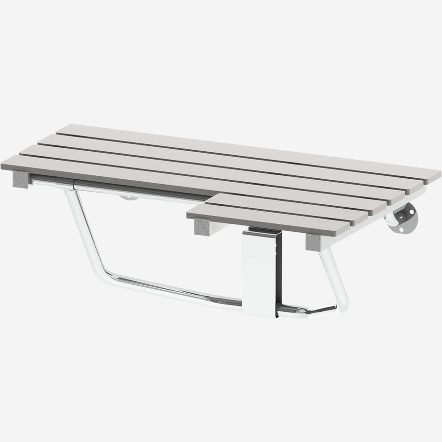 Right-side ADA compliant folding slatted shower seat with teak finish and stainless steel frame.