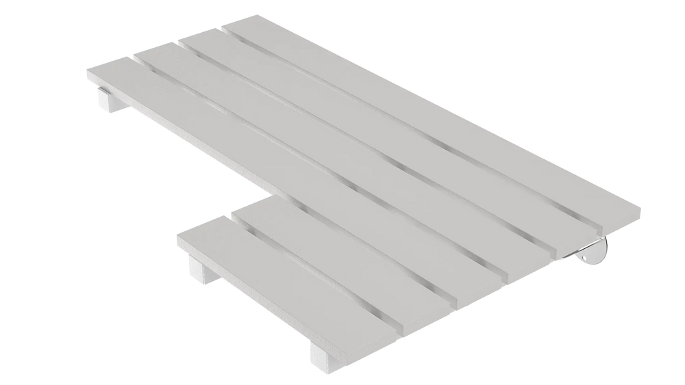 Right-Side ADA Folding Slatted Shower Seat with Teak Finish.