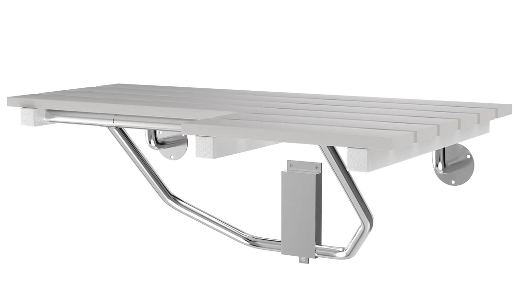 Right-Side ADA Folding Slatted Shower Seat with Teak Finish