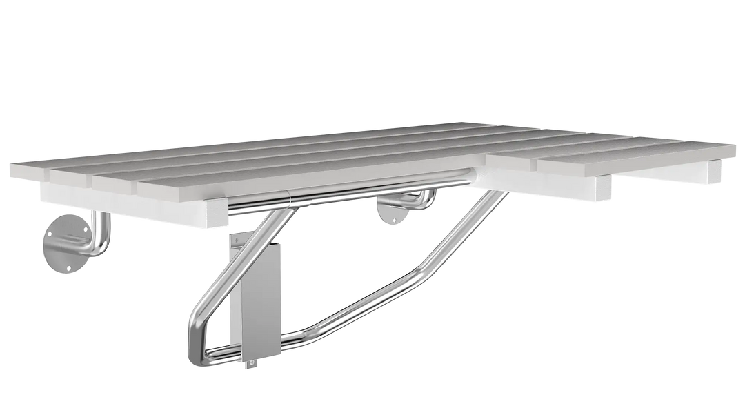 Right-Side ADA Folding Slatted Shower Seat with Teak Finish