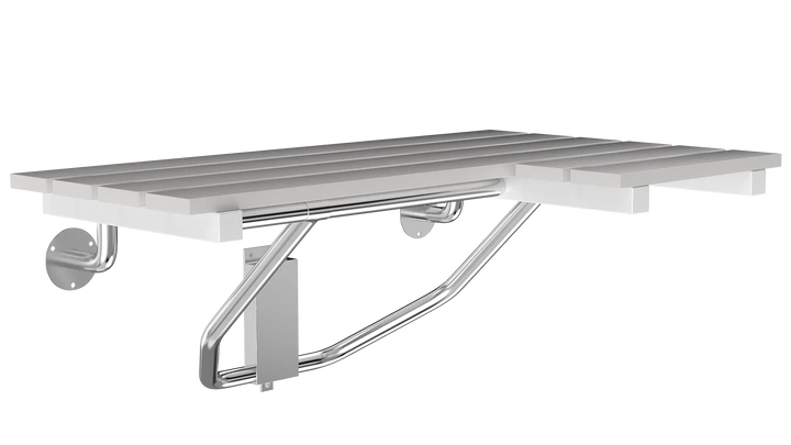 Right-Side ADA Folding Slatted Shower Seat with Teak Finish