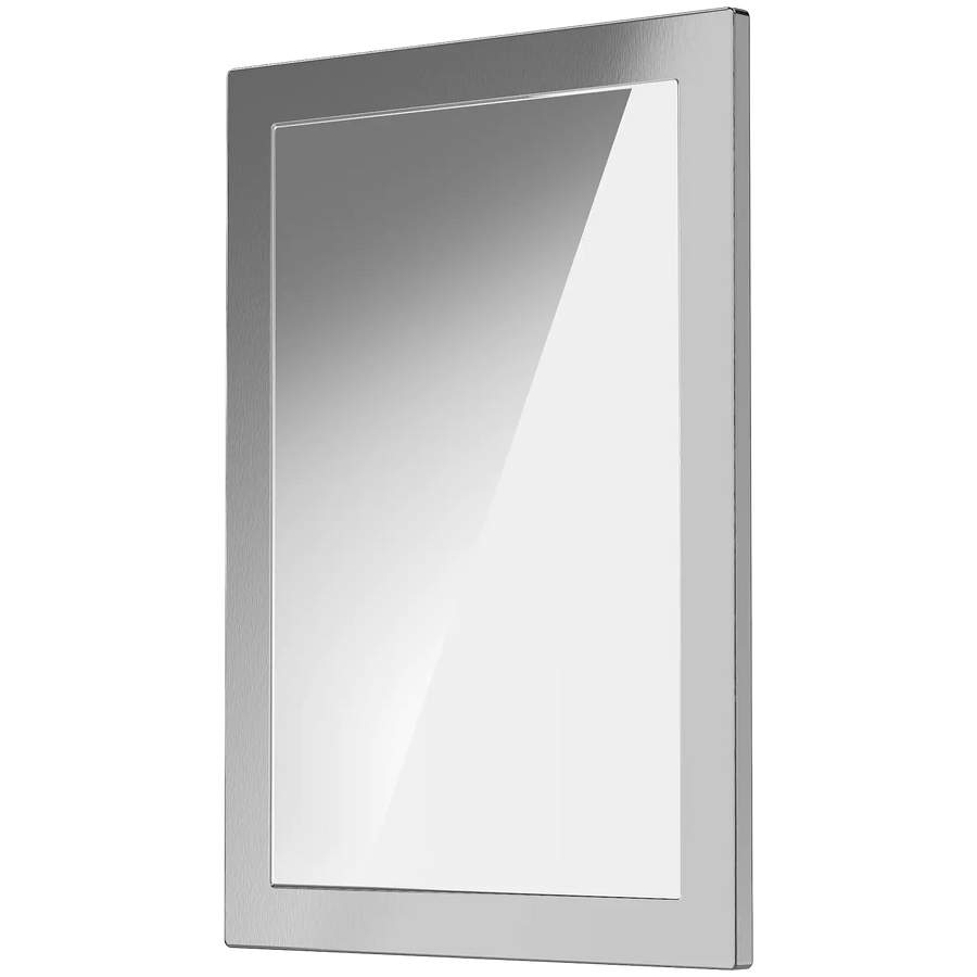 A rectangular framed security mirror with a satin finish, designed for indoor and outdoor use.