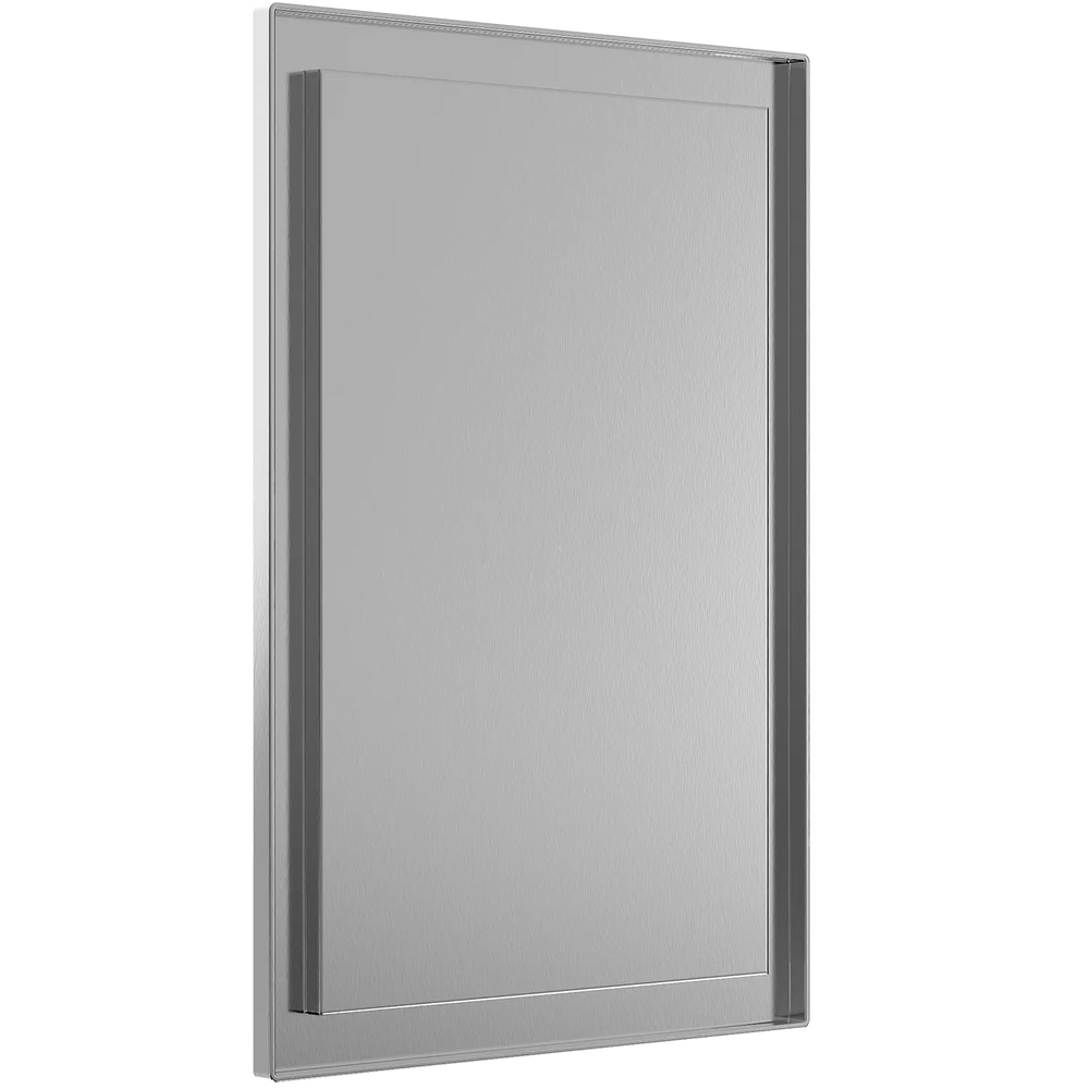 Back-mounted 12" x 16” framed stainless steel mirror designed to resist breakage and theft.