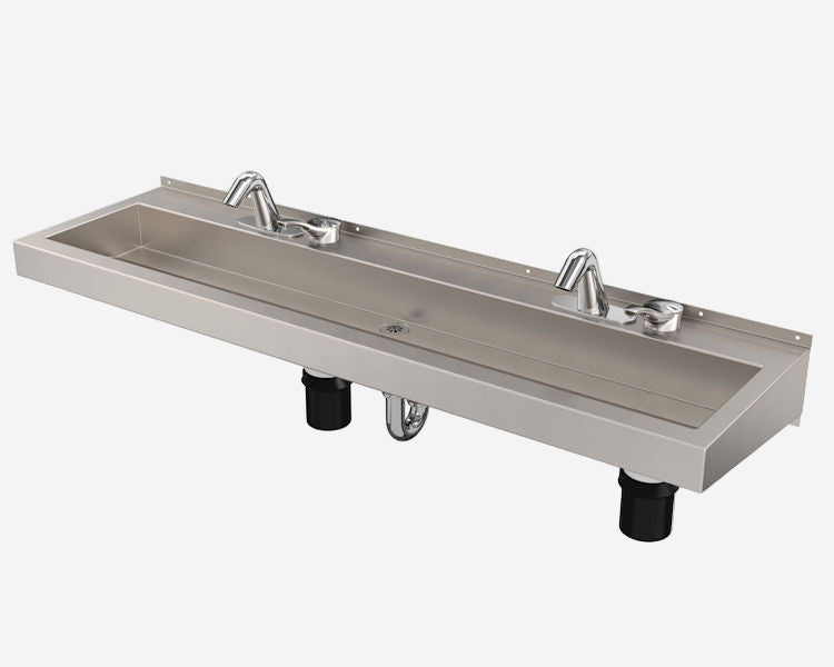 Stainless steel sink with faucets on a white background