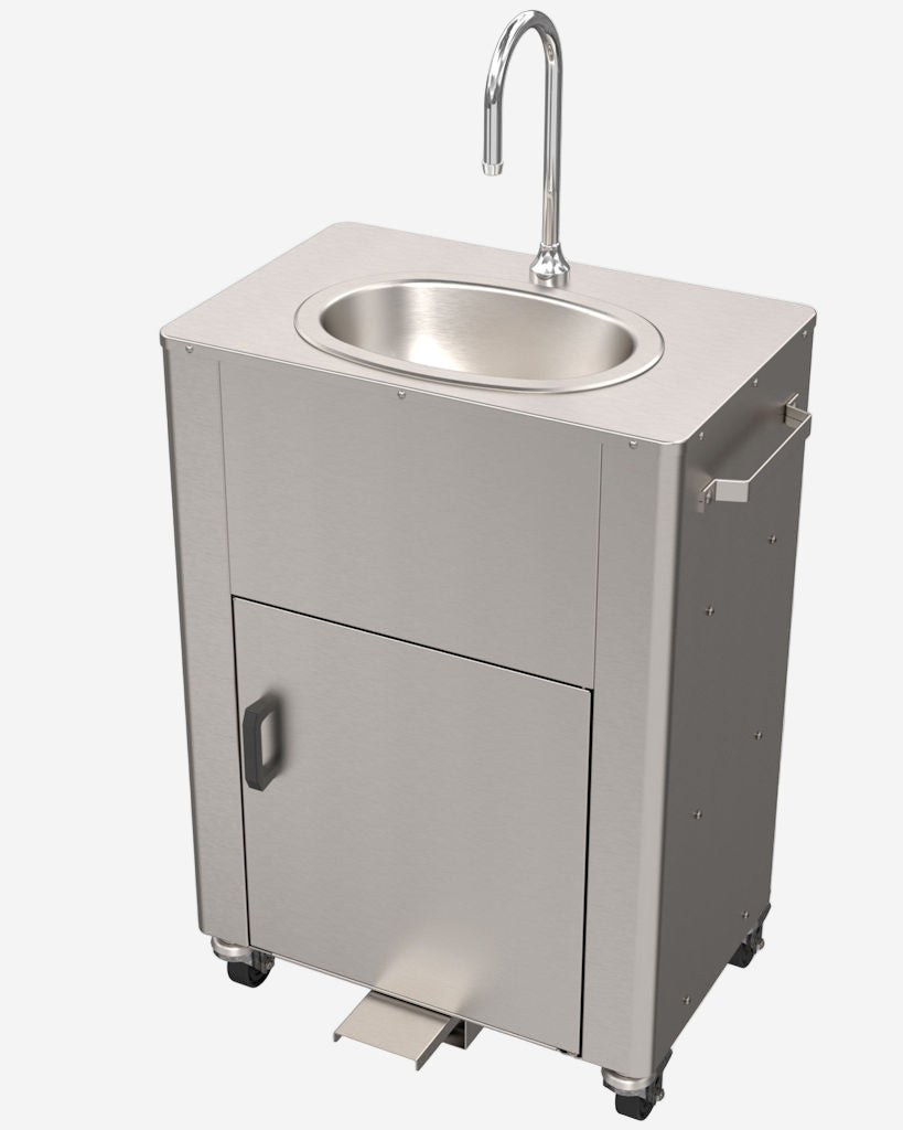 Portable wash station with sink and cabinet on a white background