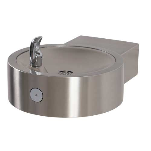 Stainless steel wall mounted outdoor drinking fountain with ADA-compliant bowl with push-button activation