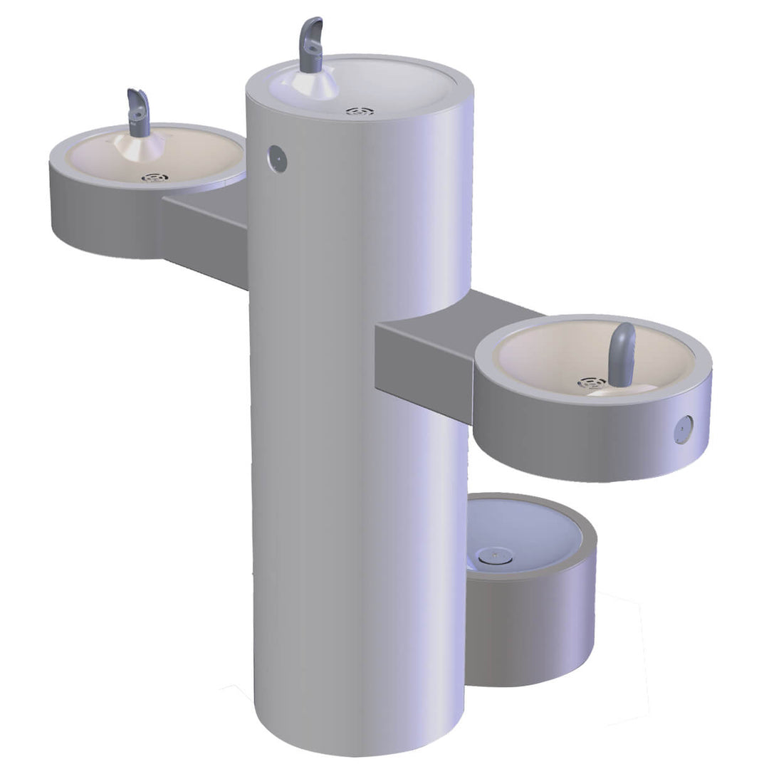 Tri-level outdoor drinking fountain with three ADA-compliant basins and ground-level pet fountain