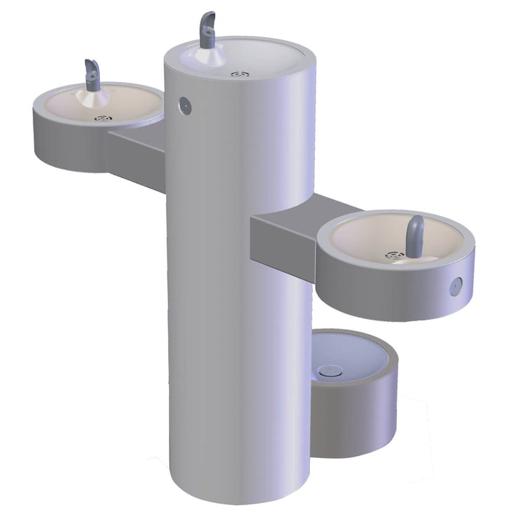 Tri-level outdoor drinking fountain with three ADA-compliant basins and ground-level pet fountain