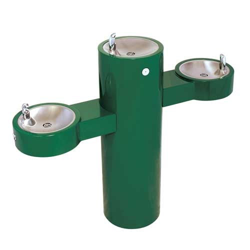 Tri-level outdoor drinking fountain with three ADA-compliant basins