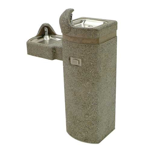 Dual height drinking fountain with ADA-compliant barrier-free access