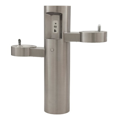 Bi-level drinking fountain station with bottle filler and ADA-compliant design