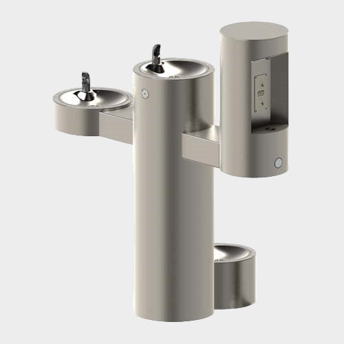 Bi-level drinking fountains with integrated bottle filler and pet fountain for outdoor ADA use