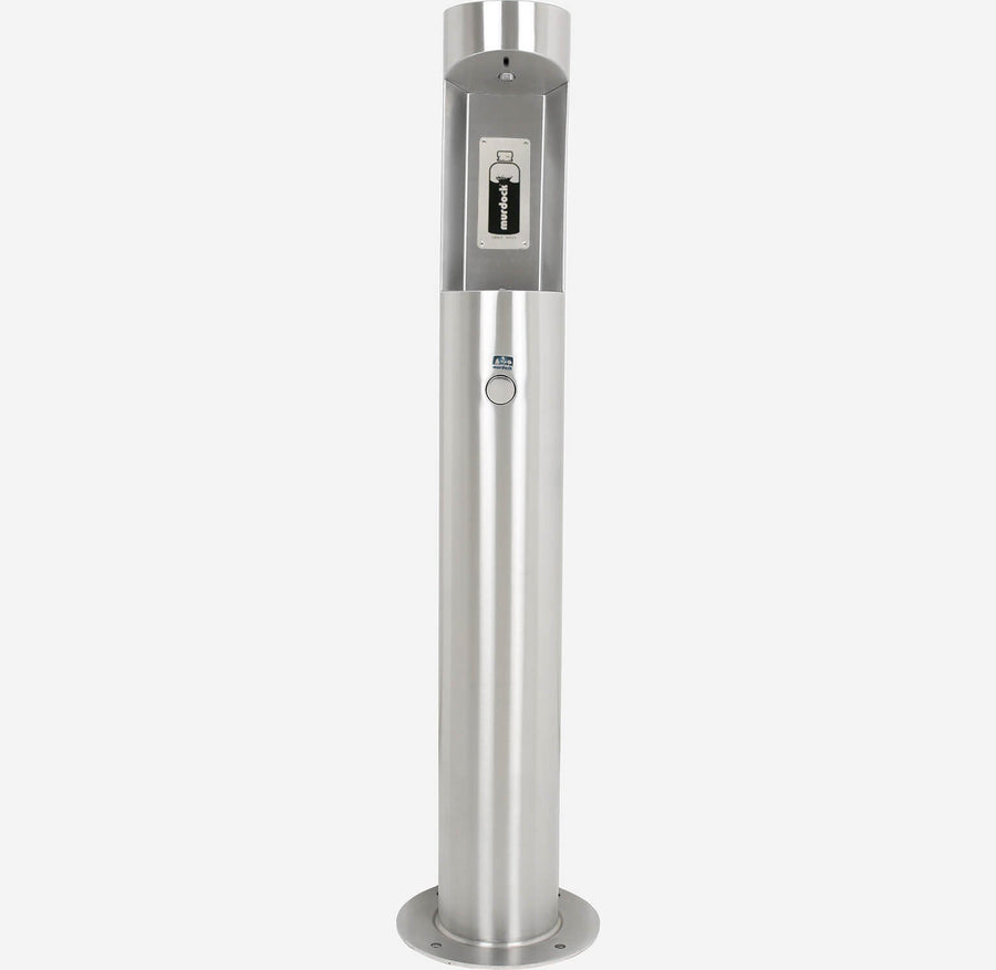 Pedestal outdoor bottle filler with sensor button for ADA-compliant use