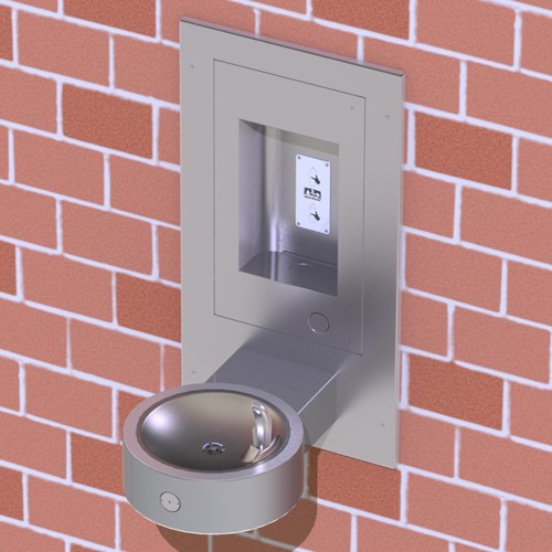 ADA-compliant recessed bottle filler with sensor-activated wall fountain