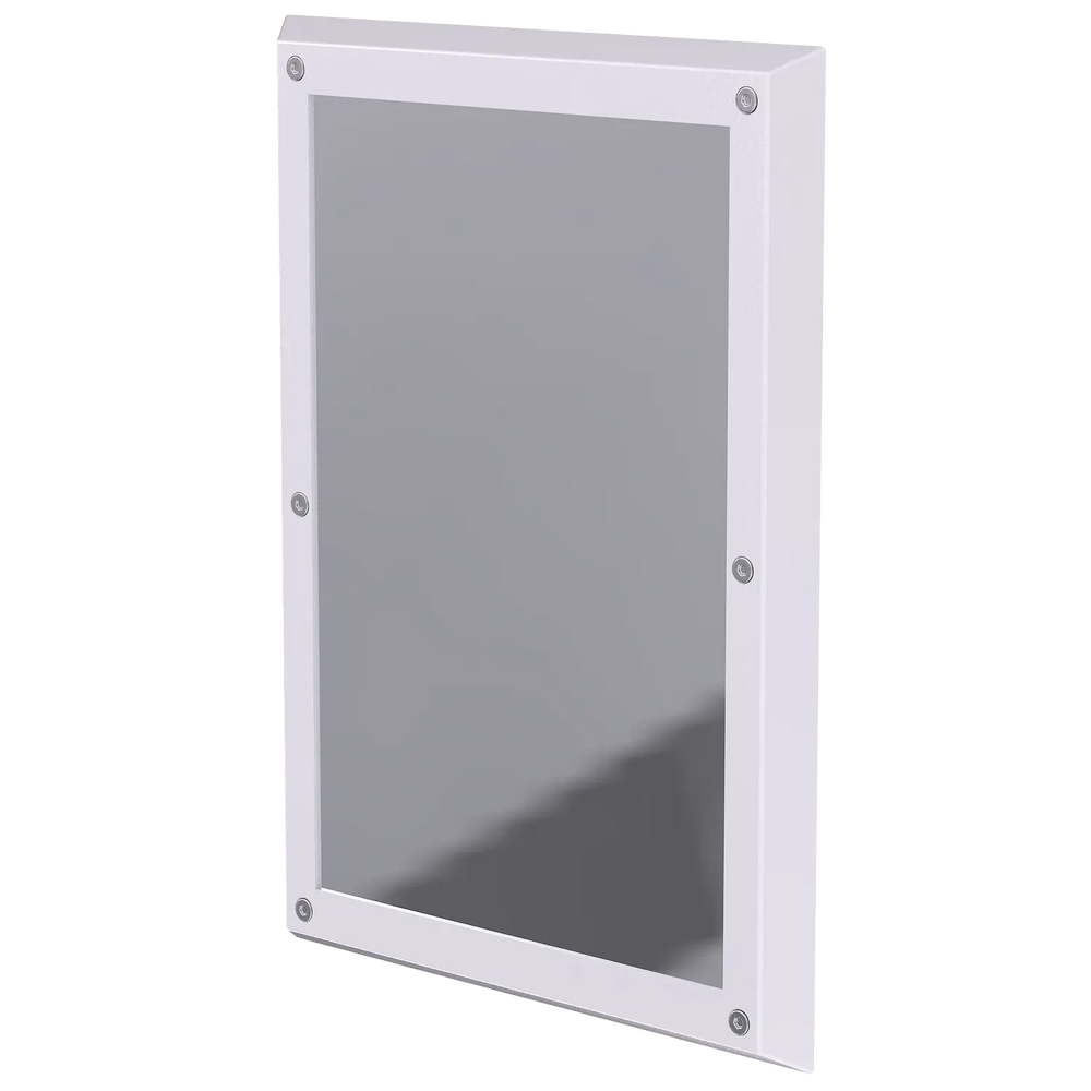 A rectangular stainless steel mirror with a polished finish and sloped bezels on all four sides.