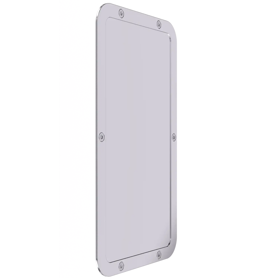 A rectangular stainless steel mirror with rounded corners and mounting holes visible on the back surface.