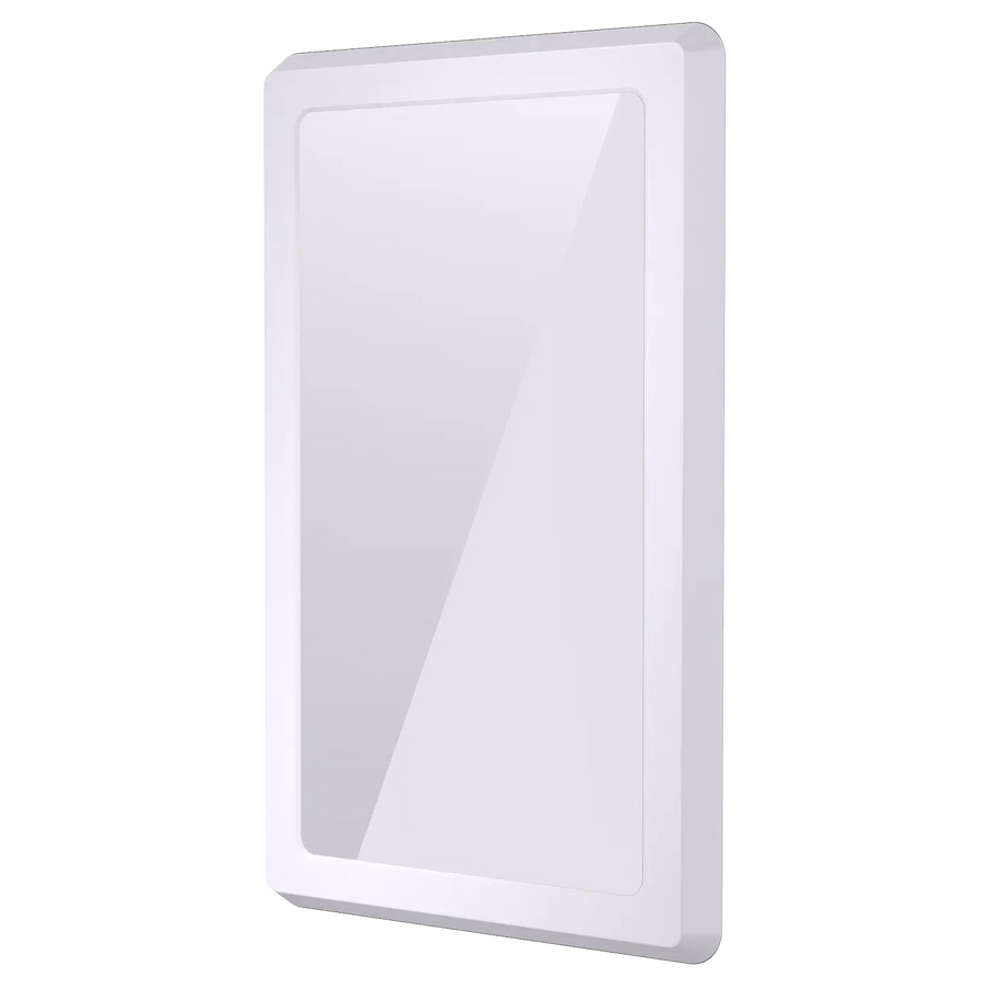 A white framed washroom mirror with concealed mounting points and sloping edges.