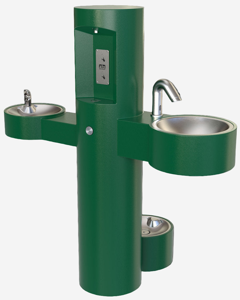 ADA-compliant outdoor pedestal station with bottle filler, drinking fountain, and hand washing sink