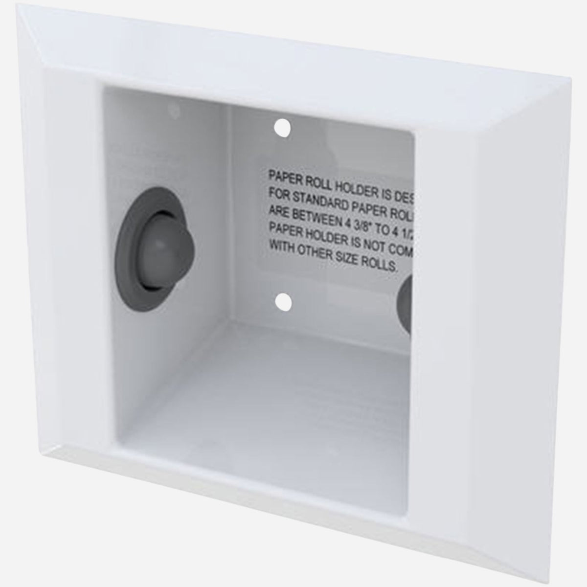 A white semi-recessed stainless steel toilet paper holder with black spring-loaded spindle buttons.