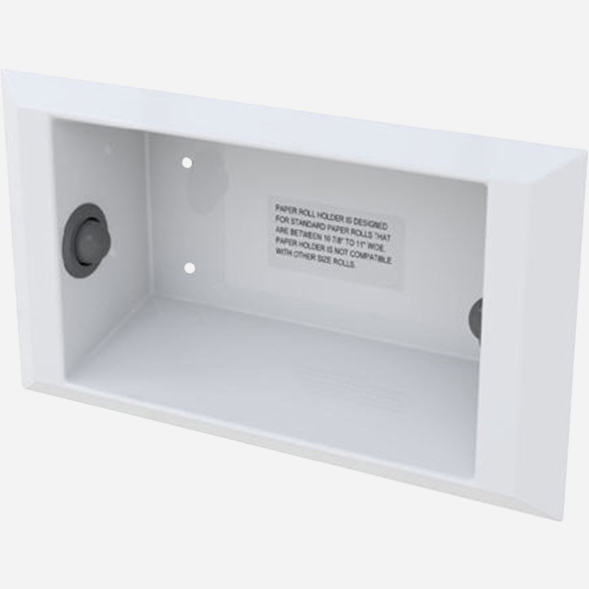 A white, semi-recessed stainless steel paper towel holder with beveled flange edges and spring-loaded spindle buttons.