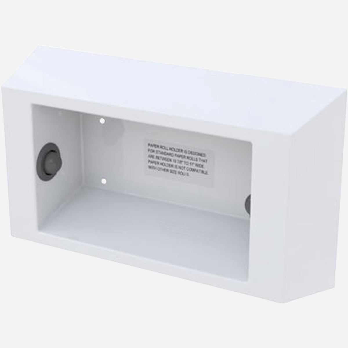 A white wall mount paper towel holder with visible spring-loaded spindle buttons and a powder-coated finish.
