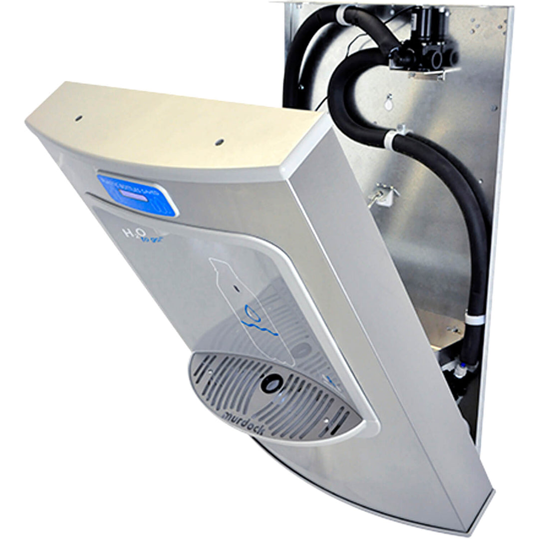 front of a water bottle filling station open to show easy maintenance