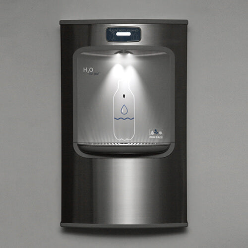 Night light shown on a stand-alone wall mounted water bottle filling station