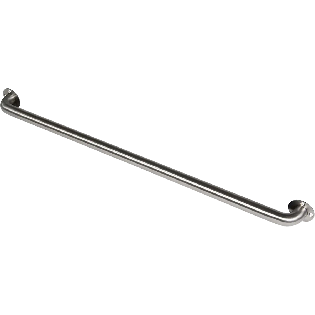 A 42-inch stainless steel grab bar with a satin finish, featuring a rounded end and flanges for mounting.