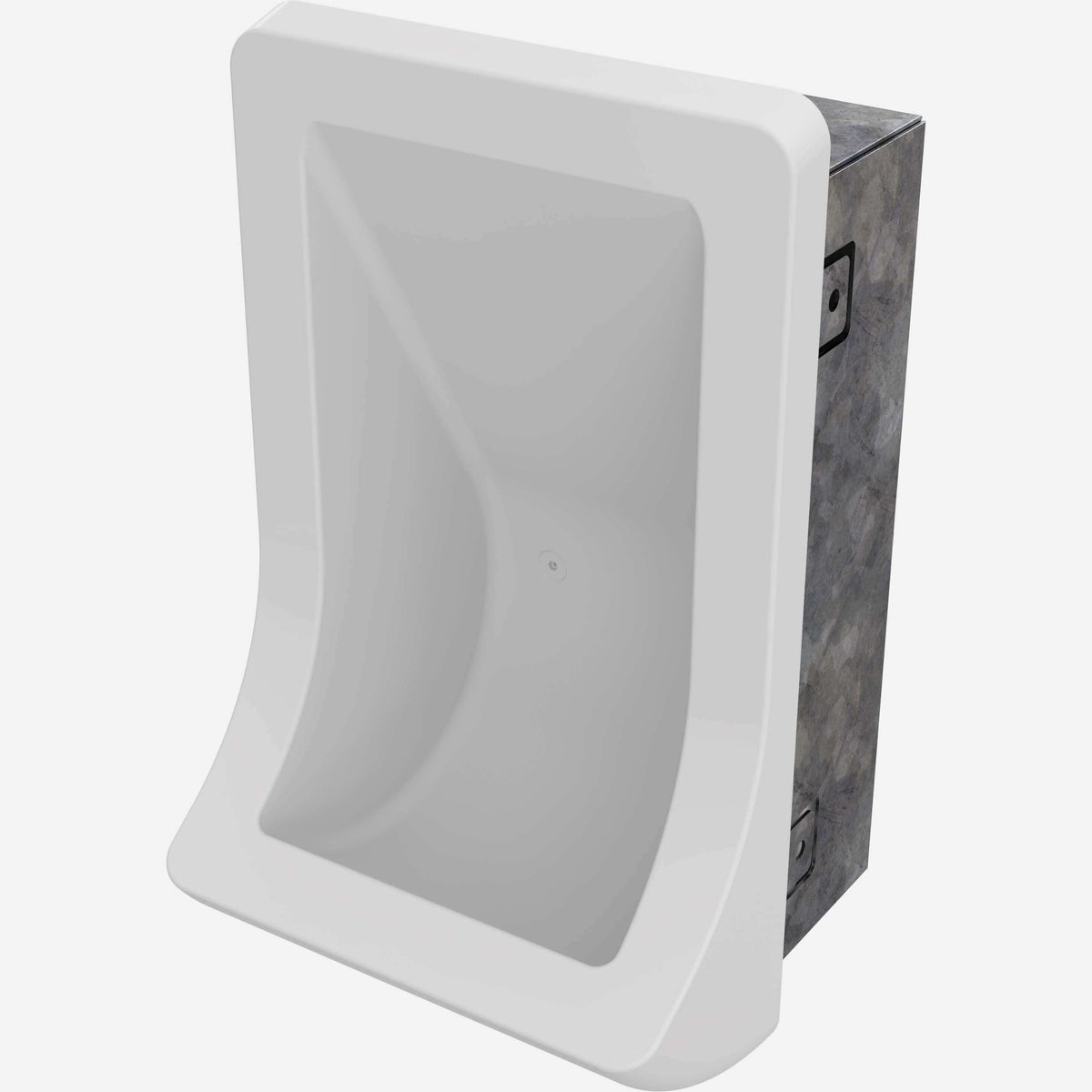 A white ligature-resistant toilet paper roll holder mounted on a wall with a concealed galvanized steel mounting frame.