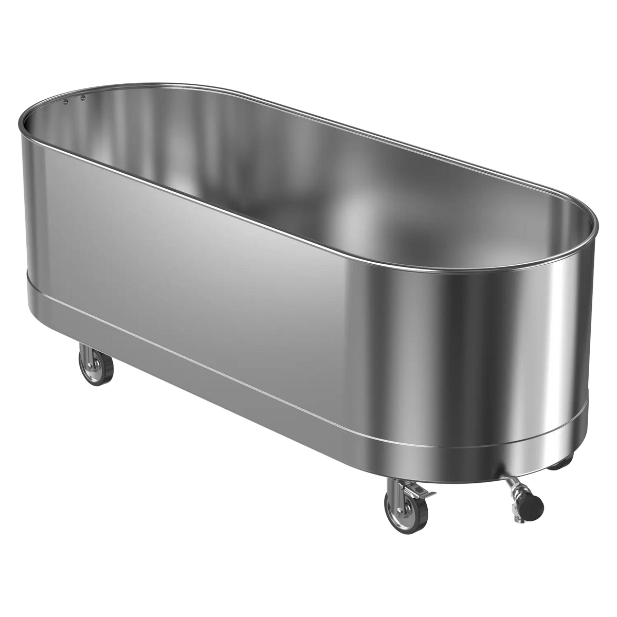 A silver mobile cold tank with wheels, made of stainless steel and used for physical therapy treatments.