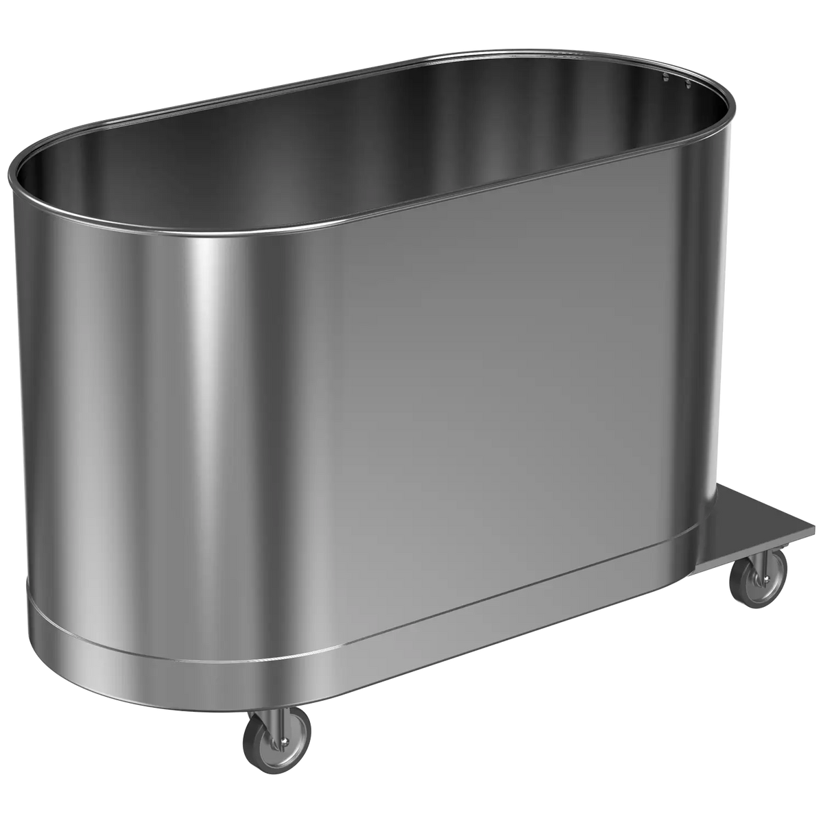 A silver mobile cold tank with wheels, designed for shallow or deep body immersion.