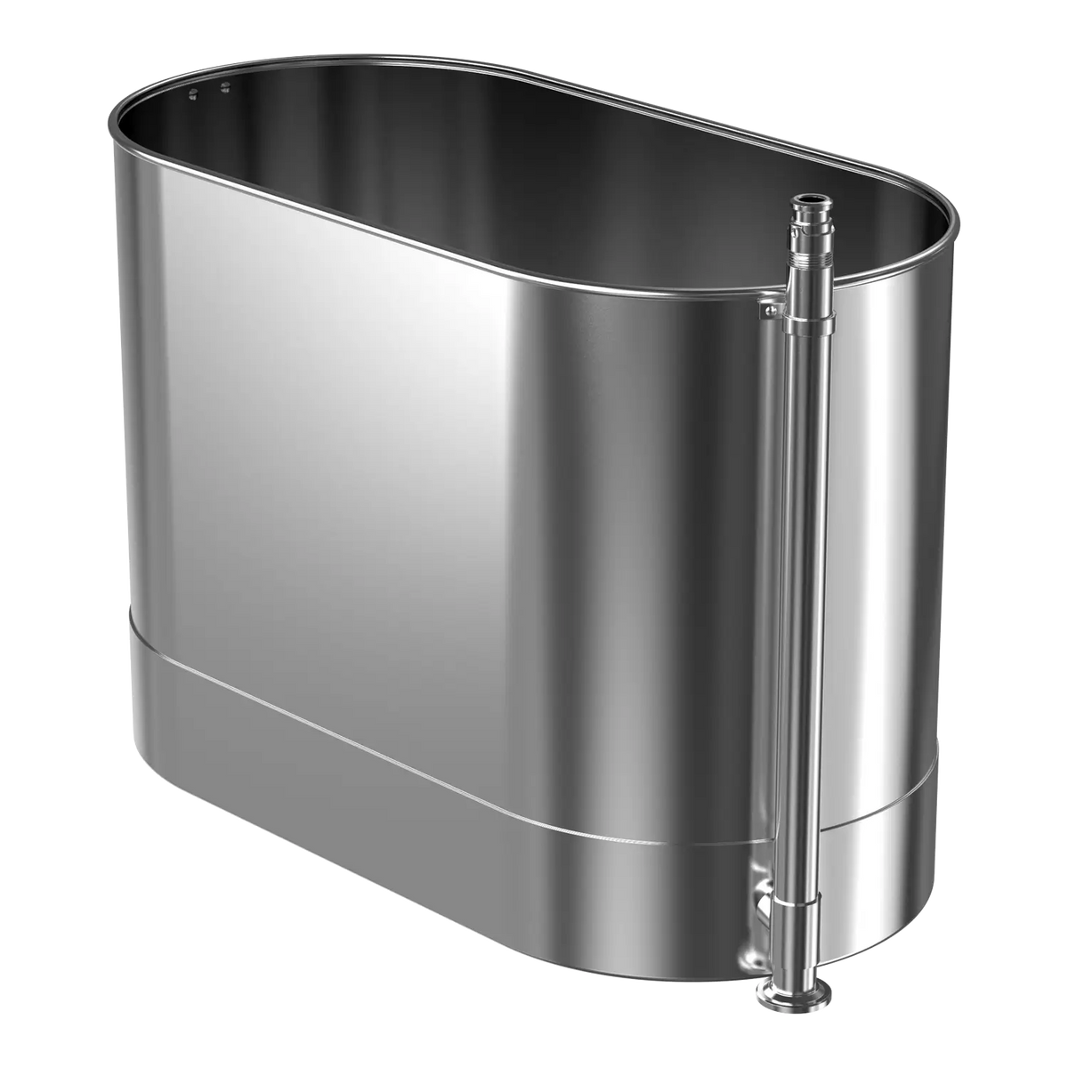A silver stainless steel 105-gallon stationary cold tank for athletic recovery.