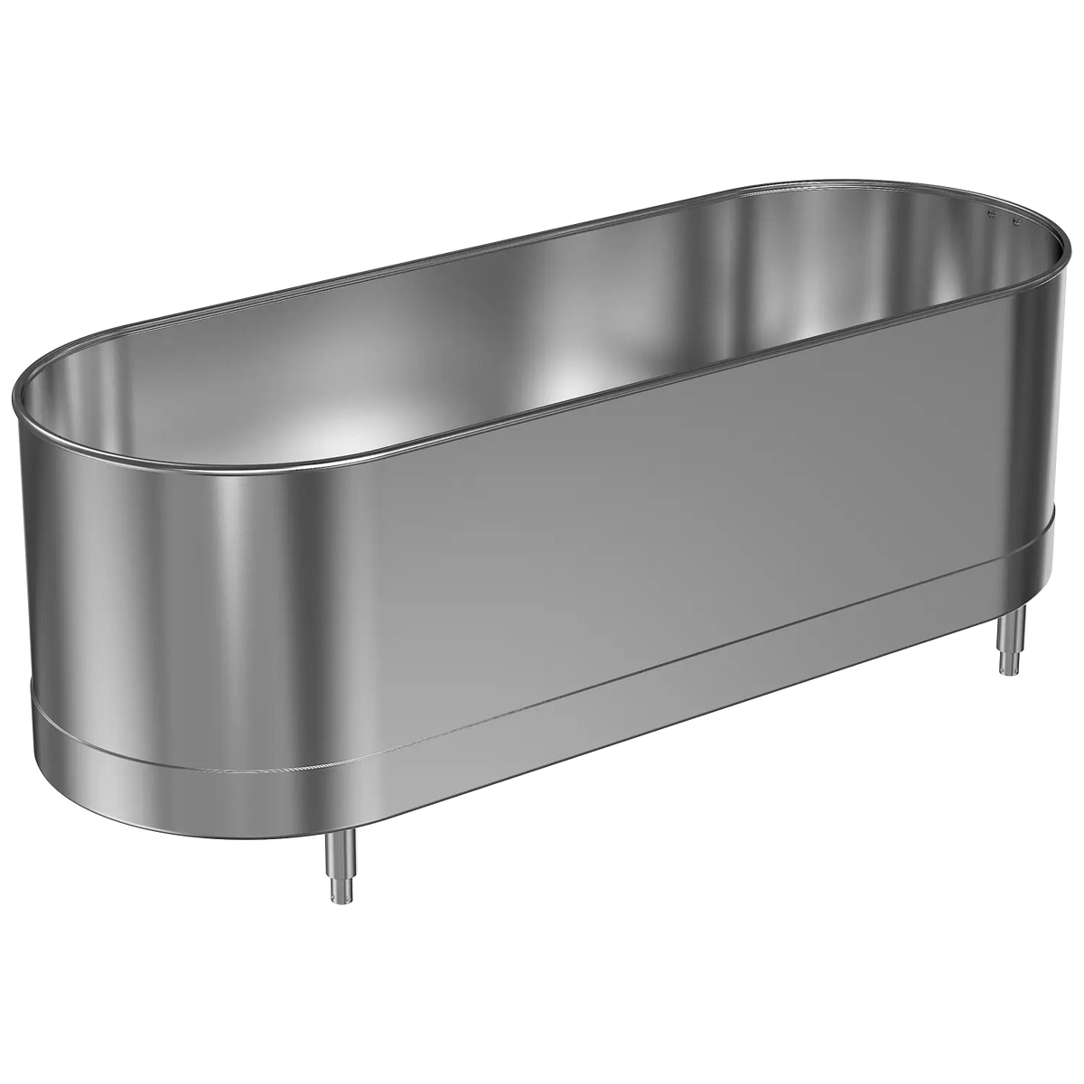 An oval-shaped metal cold tank with legs designed for ice bath plunge, fitness and exercise applications.