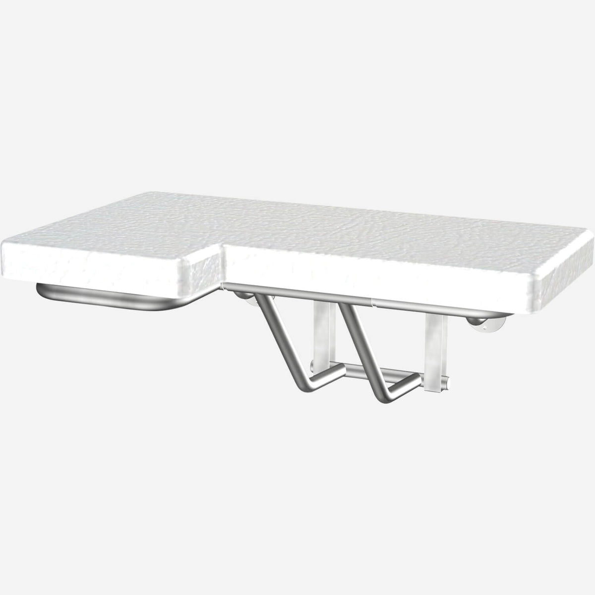 A silver-colored, padded folding shower seat with a stainless steel frame designed for left-side installation in a shower stall.