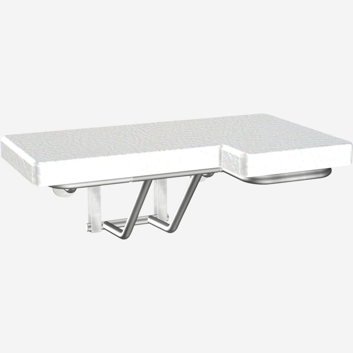 Right-side ADA compliant folding shower seat with a padded cushion and a stainless steel frame.