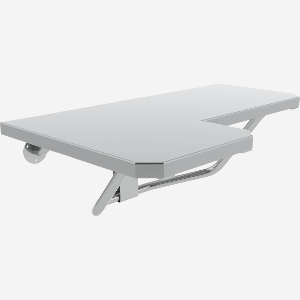 A left-side ADA compliant stainless steel fold-down shower seat in a gray color, designed for use in a shower stall.