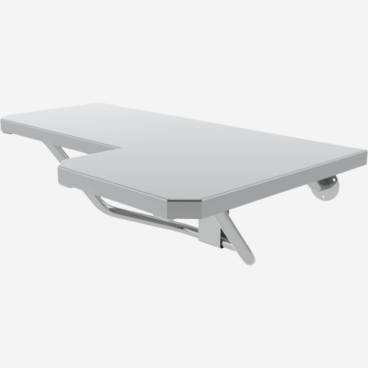 A stainless steel ADA folding shower seat designed for right-side installation, featuring a rectangular seat with a metallic finish and foldable legs.