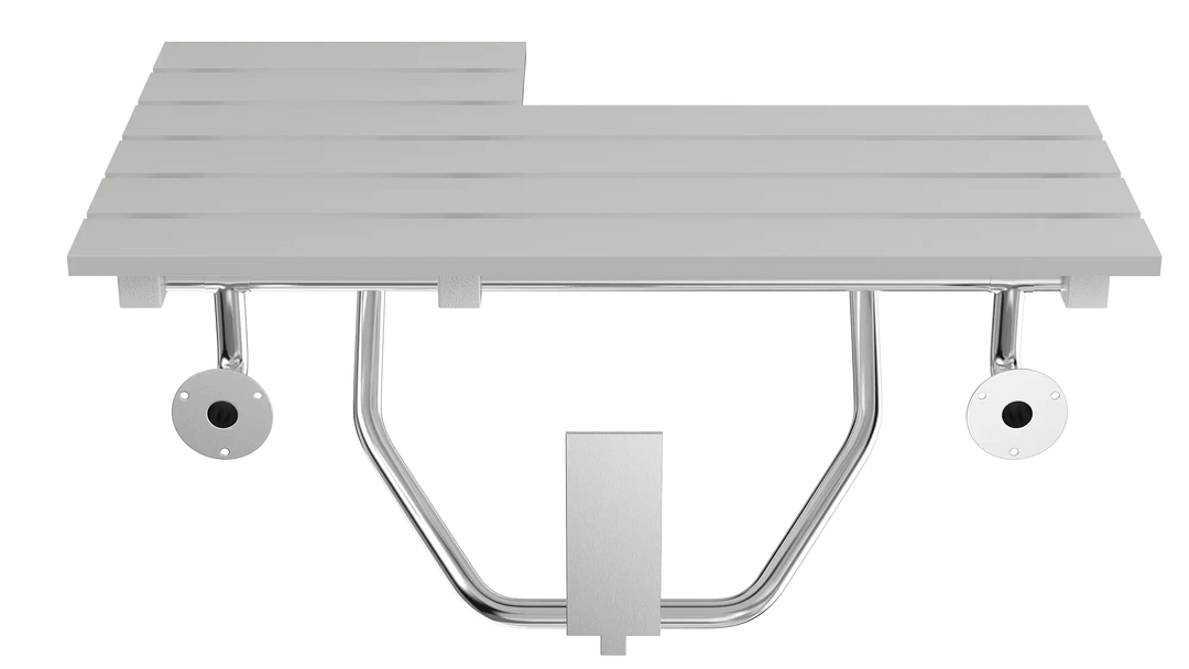 Right-Side ADA Folding Slatted Shower Seat with Teak Finish