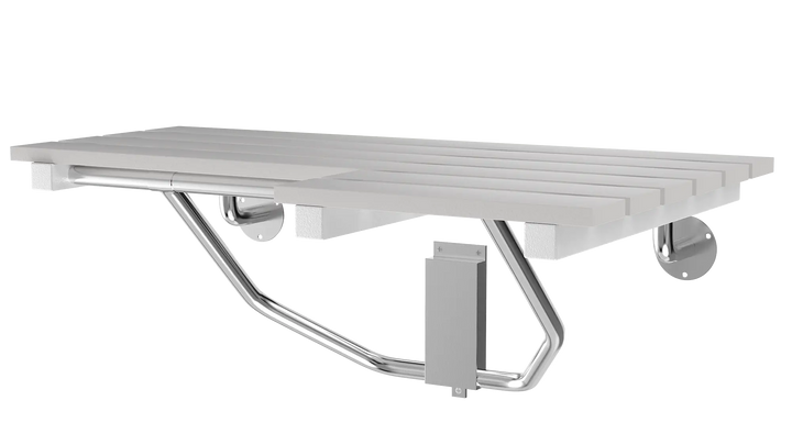 Right-Side ADA Folding Slatted Shower Seat with Teak Finish