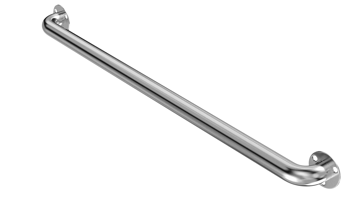 A 36-inch stainless steel shower grab bar with a satin finish and flanges for wall mounting.