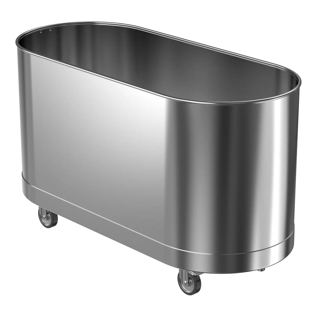A silver mobile cold tank with a cylindrical shape on wheels.