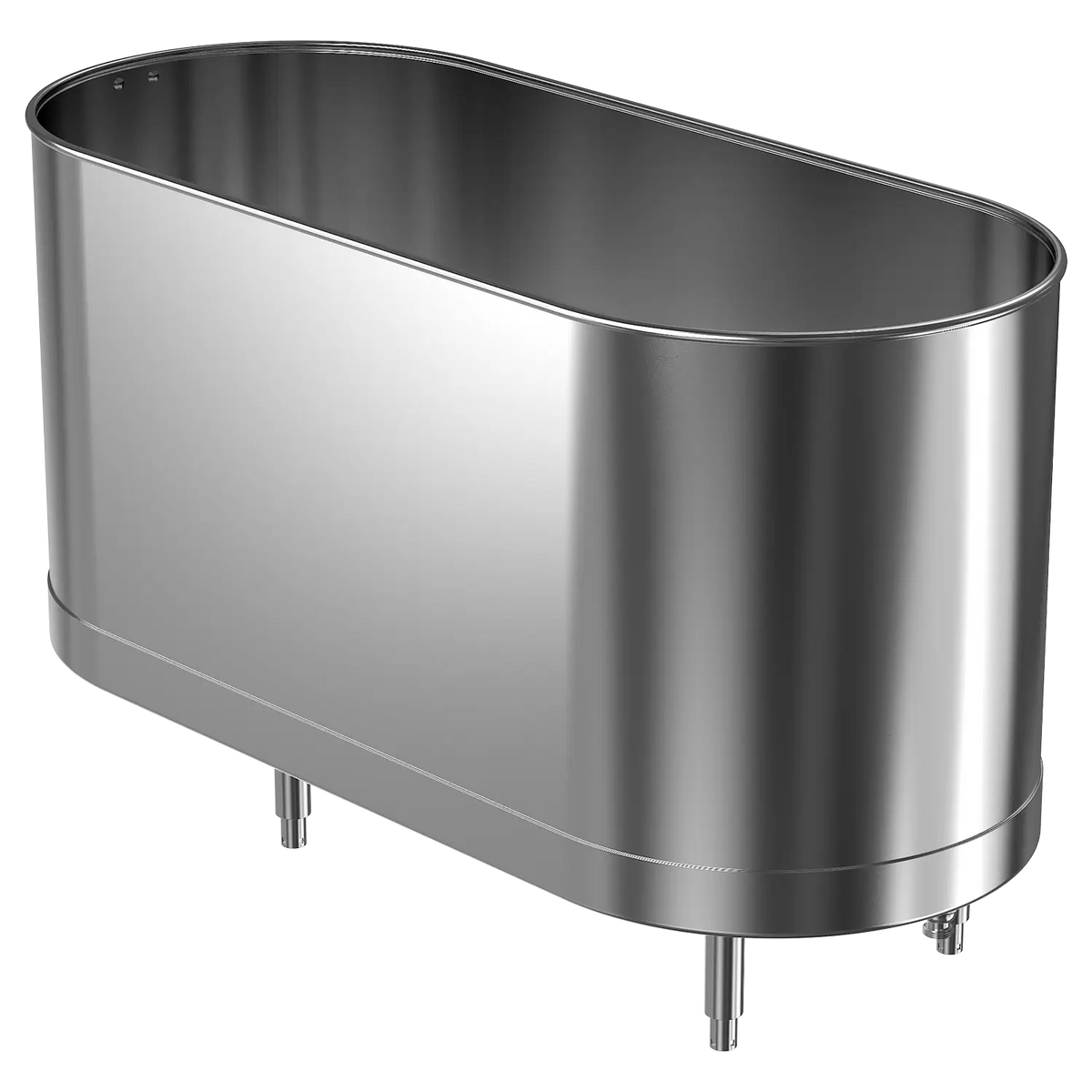 An 110 gallon cold tank with legs, made of stainless steel, designed for use in sports cold therapy.