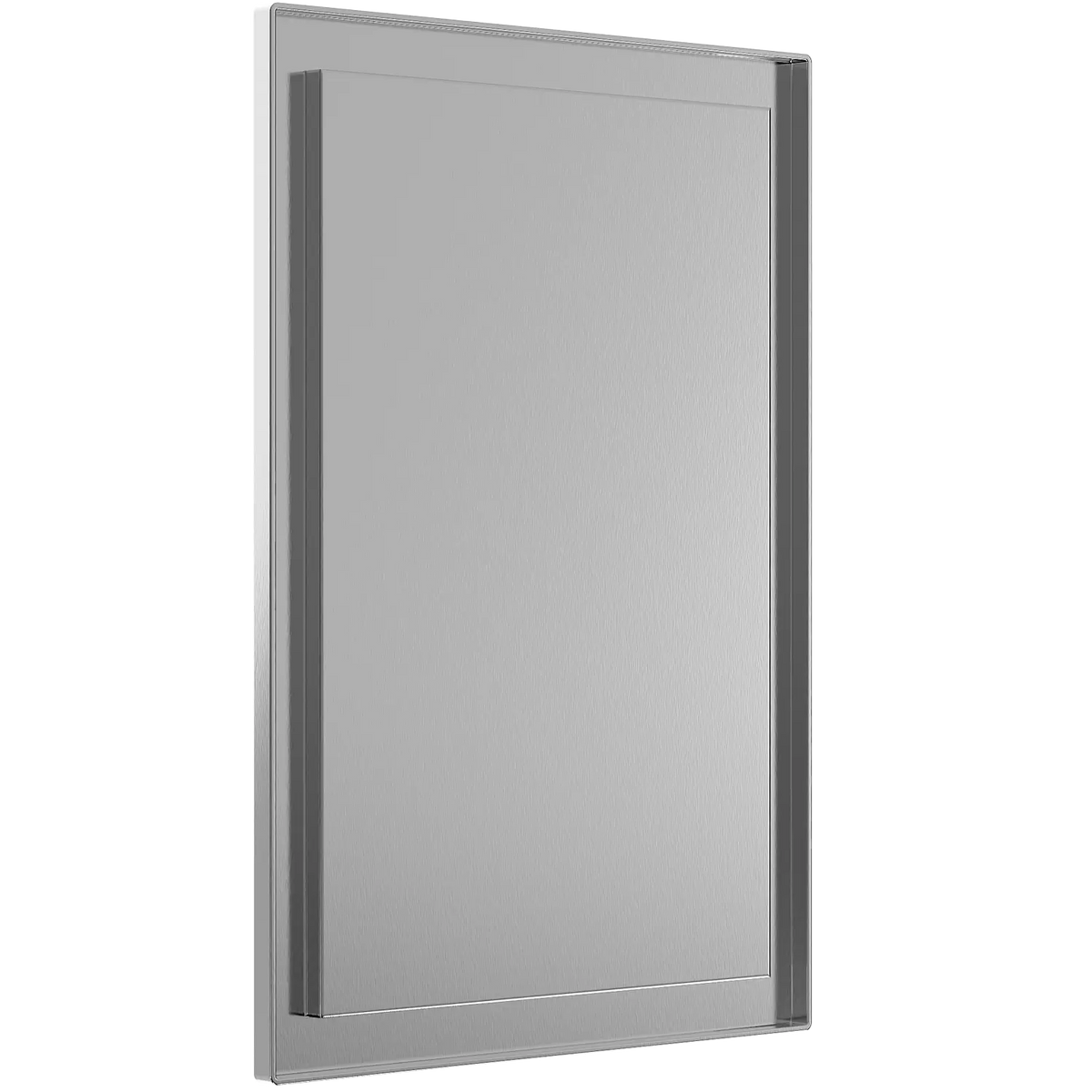 Back-mounted 12" x 16” framed stainless steel mirror designed to resist breakage and theft.