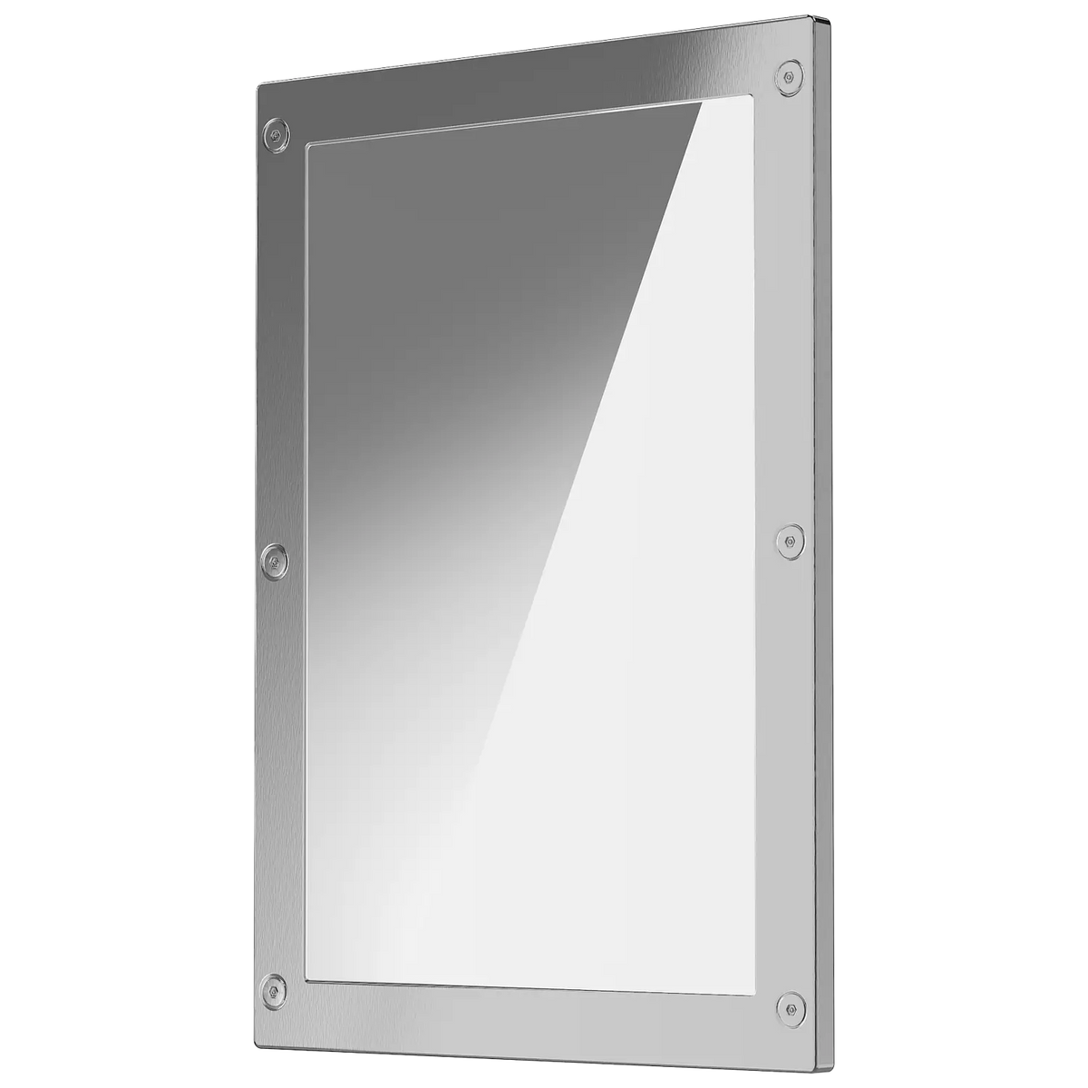 A rectangular framed security mirror with a stainless steel frame and tamper-resistant screws visible on the front.