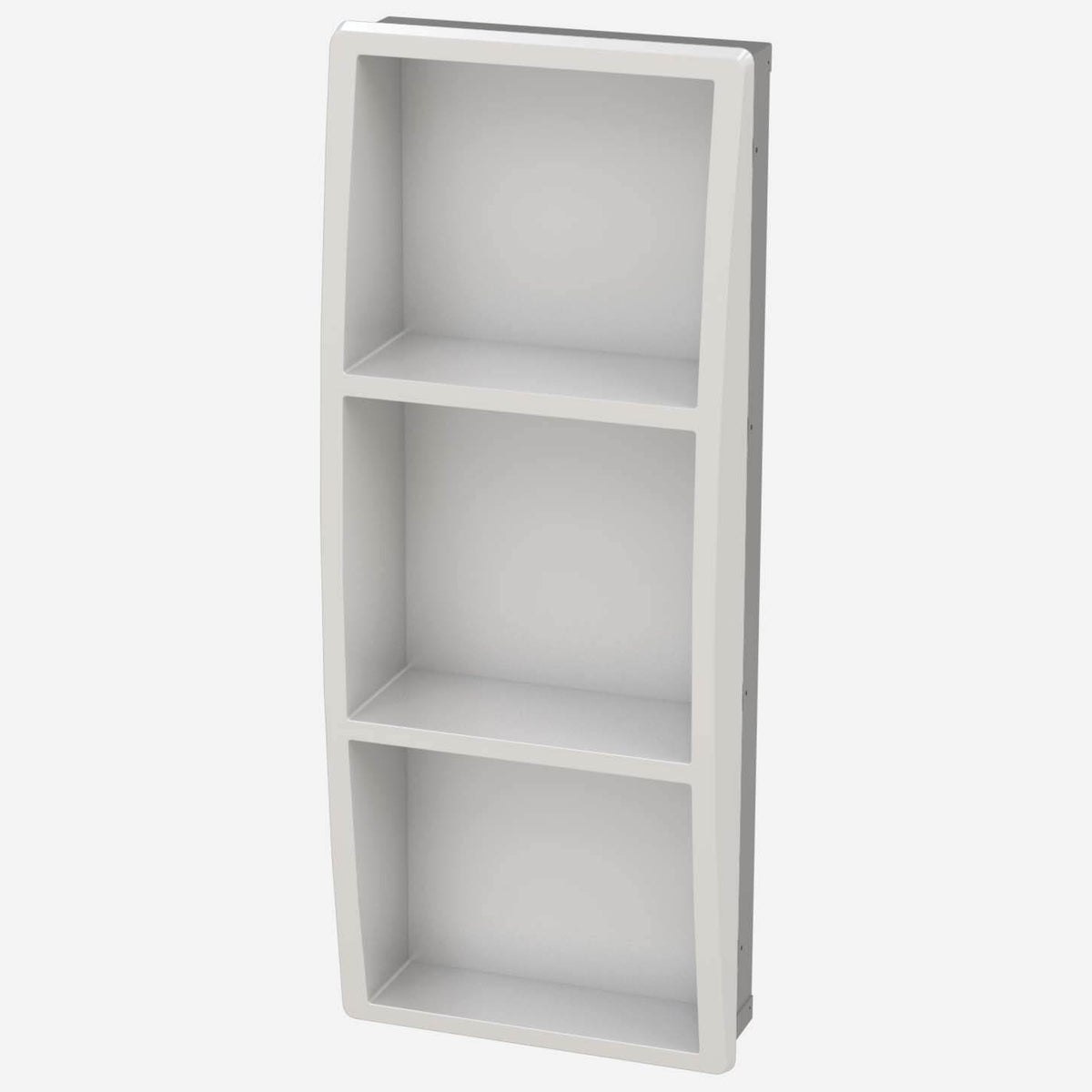 A white recessed washroom shelf made with Cortera solid surface polymer resin and stainless steel.