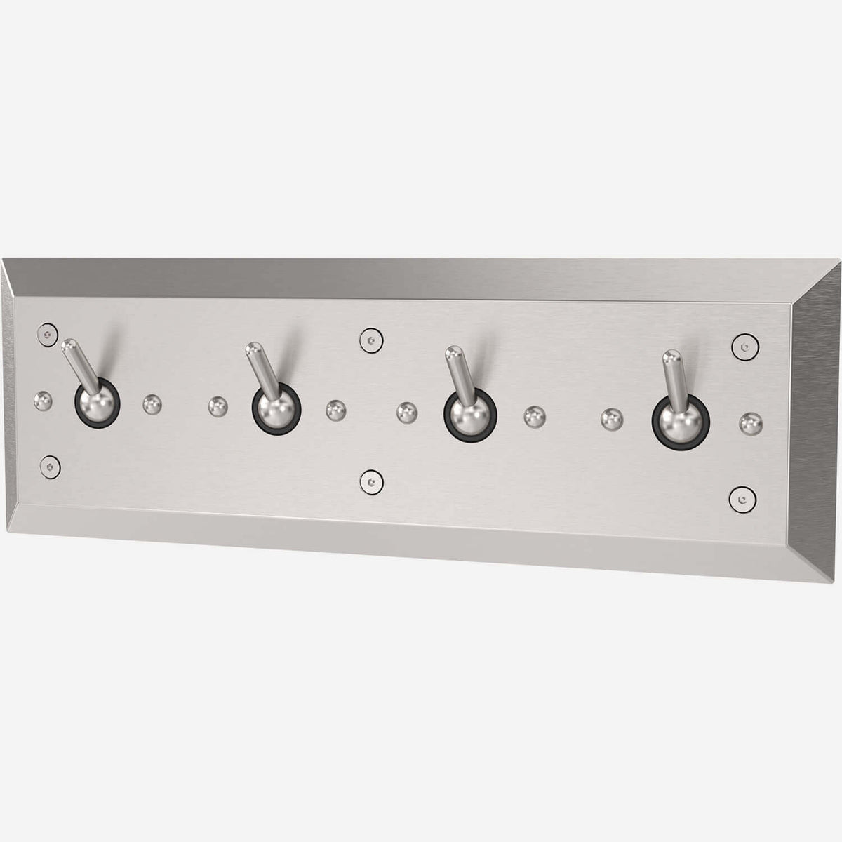 A stainless steel wall panel with four hooks, featuring a satin finish and auto-release mechanism, designed for use in correctional facilities.
