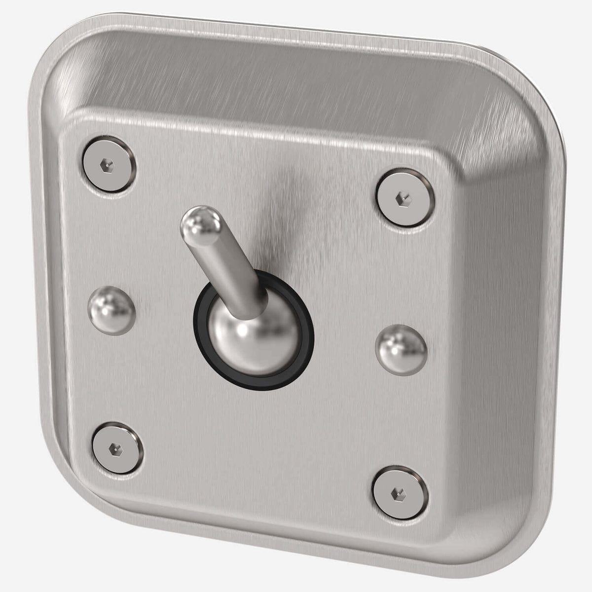 A silver front-mounted wall hook for clothes with a square backplate and an auto-release mechanism.