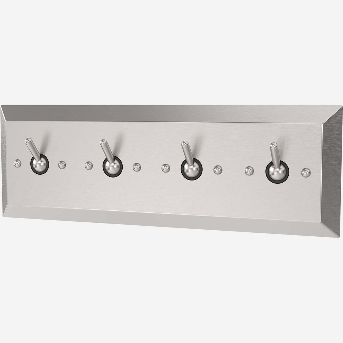 A stainless steel wall panel with four clothes hooks and a satin finish.