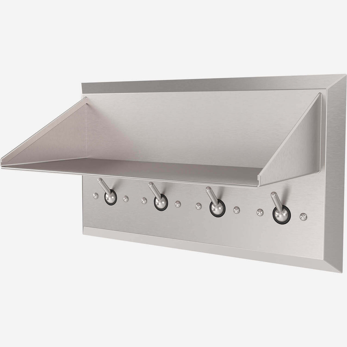 stainless steel shelf with hooks designed for cells or day rooms within correctional facilities.