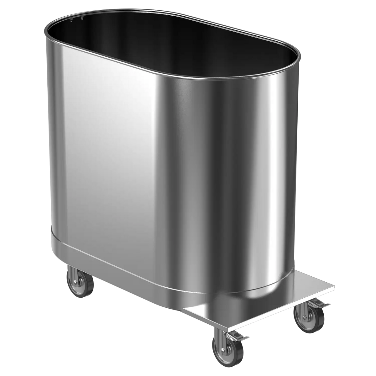 A silver mobile cold tank with wheels, designed for ice baths.